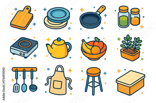 Isometric Kitchen Icons. Minimalist kitchen setup. Colorful isometric vector icons set of Minimalist kitchen setup: wooden cutting board, ceramic plates,
