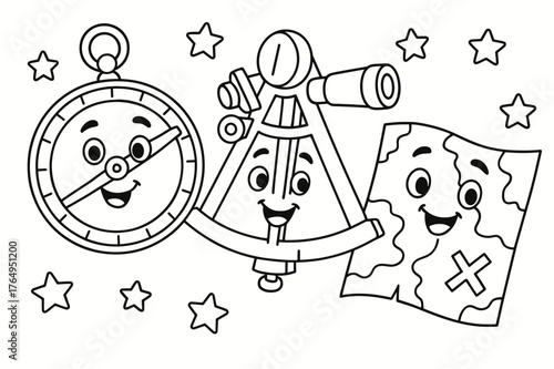 Historical Navigation Tools. Navigation tools of the past children?s coloring book illustration, outlined drawing, friendly cartoon versions of an astrolabe,