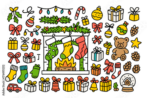Festive Stockings Illustration. Children?s stockings. Hand-drawn doodle illustration Christmas stockings (colored), fireplace (colored), mantel (colored),