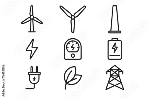 Wind Energy Icons. Wind power. Line icon set of wind power: wind turbine, blades, tower, lightning bolt, energy meter, battery, plug, cloud, sun, wind icon,