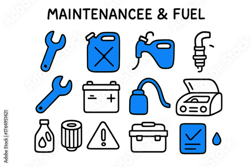 Maintenance Tools Doodle. // Maintenance & fuel. Hand-drawn doodle illustration Maintenance & fuel [fuel pump (accented), jerry can (accented), spark plug,