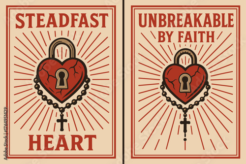Steadfast Faith Banners. Unbreakable Heart. Two vertical A6 banners with safe margins, centered composition, no elements touching edges, retro, red and beige,