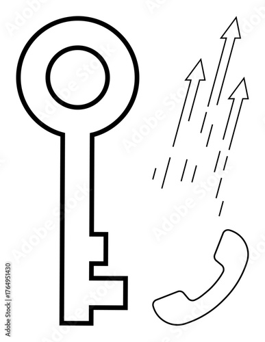 Large key beside phone receiver with upward arrows symbolizing growth, progress, opportunity, and communication. Ideal for success, connection, innovation, opportunity, outreach upward mobility