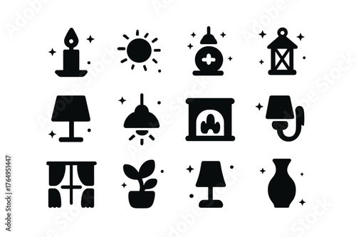 Home Ambiance Icons. Home Ambiance. Solid icons set of Home Ambiance: candle, candle holder, sunlight, lantern, lamp, hanging light, fireplace, table lamp,