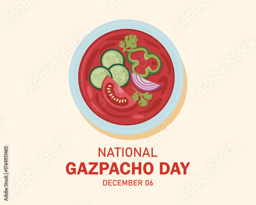 National Gazpacho Day vector. Vegetable soup in bowl icon vector. Soup with tomatoes, peppers and cucumbers vector. Gazpacho Day Poster, December 6.
