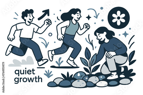 Pebbles and Growth. Pebble ? Garden Corner. Pebbles line a flower bed with soft shadows; droplets glint after rain. Label ?quiet growth? in small script