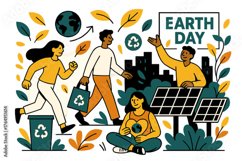 Urban Eco Celebration. Sustainable living and Earth Day awareness. People enjoying urban green spaces with solar panels and recycling bins in view; abstract