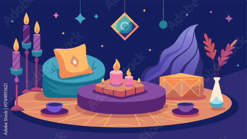A cozy corner with a low table surrounded by floor cushions and decorated with candles incense and crystals.