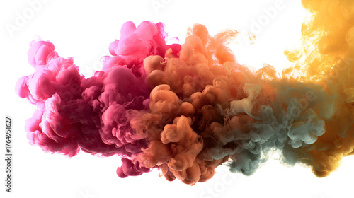 Vibrant pink orange and yellow ink clouds swirling in dark water