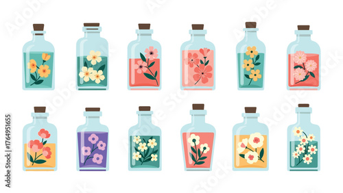 Floral Apothecary Bottles: A collection of exquisite apothecary bottles each containing a unique array of vibrant floral arrangements. Each bottle a captured moment of floral artistry