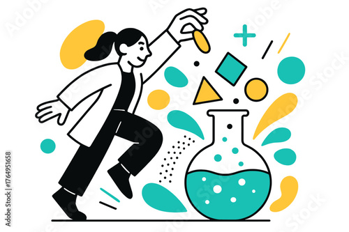 Catalyst in Action. Catalyst. Person dropping a catalyst into a solution with floating abstract geometric shapes and glowing accents, experimental and dynamic