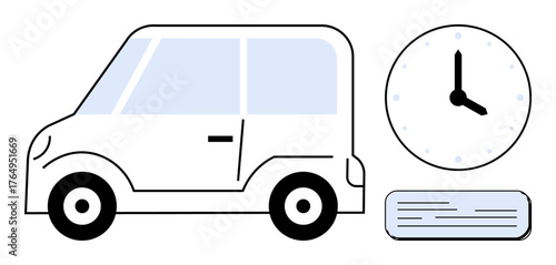 Small car facing right, round clock showing time, paper document. Ideal for punctuality, transport scheduling, commuting plans, delivery timing, vehicle logistics, travel organization simple flat