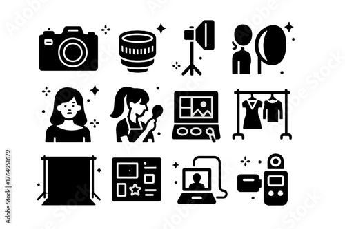 Fashion Shoot Icons. Fashion Shoot. Solid icons set of Fashion Shoot: camera body, prime lens, softbox, reflector, model, stylist, makeup kit, clothing rack,