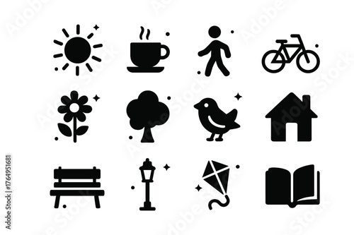 Daily Life Icons. Daily Life. Solid icons set of Daily Life: sun, coffee cup, person walking, bicycle, flower, tree, bird, house, bench, lamp post, kite, book.