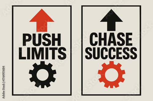 Brutalist Banner Design. Push limits. Two vertical A6 banners with safe margins, centered composition, no elements touching edges, brutalist, black and red,