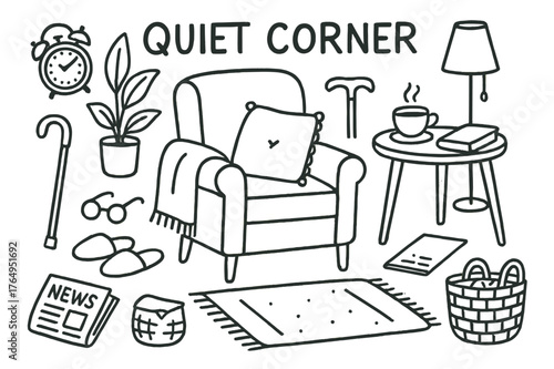 Cozy Quiet Corner. Quiet Corner. Hand-drawn doodle illustration Quiet Corner chair, walking cane, small table, lamp, book, teacup, slippers, blanket, glasses,
