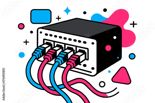 Technological Harmony. Server Rack. Close-up of network cables connected to server rack with floating abstract geometric shapes and soft glowing accents,