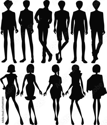 Set of male and female fashion silhouettes in various poses and outfits, black vector icons for style, design, and modeling