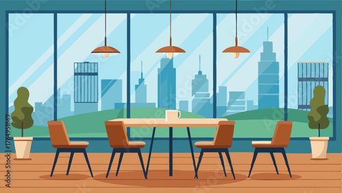 A dining area with a wooden table and metal chairs surrounded by floortoceiling windows that offer views of the city skyline.
