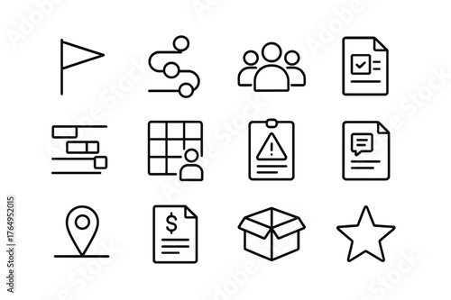 Project Kickoff Icons. Project Kickoff. Line icon set of Project Kickoff: kickoff flag, roadmap, team roles, scope document, timeline Gantt, resource plan,