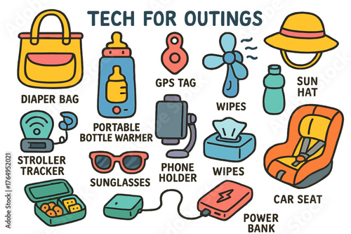 Outing Tech Essentials. Tech for outings. Colorful Hand-drawn doodle Children illustration Tech for outings diaper bag, portable bottle warmer, GPS tag, mini