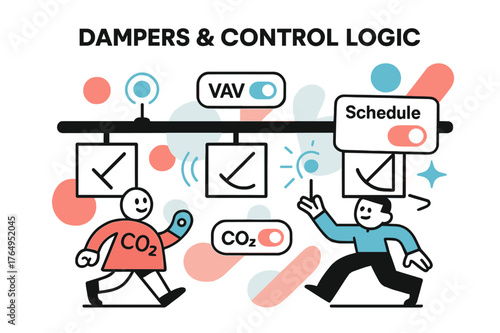 Dynamic Building Controls. Dampers & Control Logic. Blade symbols rotate to half-open as sensor icons ping along the run. Floating UI tabs read ?VAV,? ?CO2,?