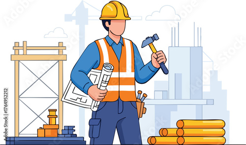 Construction Worker with Tools: An construction worker stands confidently amidst a construction site. clutching blueprint in one hand and a hammer in the other.