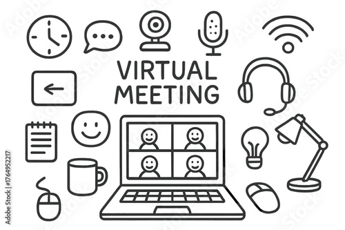 Virtual Meeting Essentials. Virtual meeting. Hand-drawn doodle illustration virtual meeting laptop, webcam, microphone, chat bubbles, video grid, clock, wifi