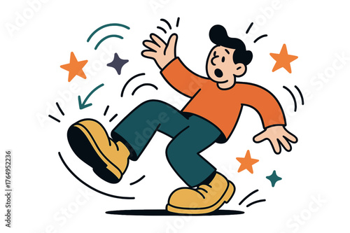 Slipping Cartoon Chaos. Funny sketches. Cartoon character wearing oversized shoes slipping on floor; abstract floating motion lines and stars highlight playful