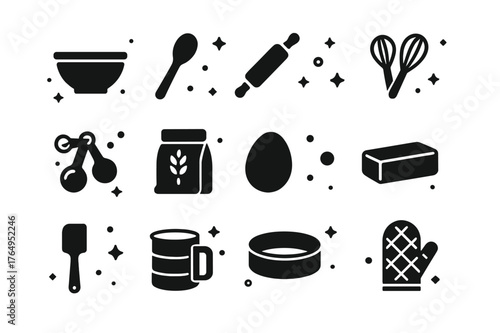 Baking Essentials Icons. Baking Essentials. Solid icons set of Baking Essentials: mixing bowl, wooden spoon, rolling pin, whisk, measuring spoons, flour bag,