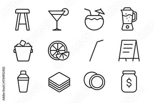 Pool Bar Icons. Pool Bar. Line icon set of Pool Bar: bar stool, cocktail glass, coconut drink, blender, ice bucket, fruit garnish, straw, menu board, shaker,