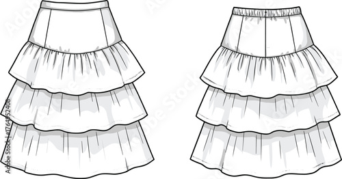 Fashion vector illustration of tiered skirts with layered ruffles, fitted waistband and elastic waistband design for sewing pattern collection
