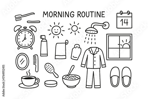 Morning Routine Cartoon. Morning Routine. Hand-drawn doodle illustration Morning Routine alarm clock, toothbrush, toothpaste, shower, towel, breakfast, coffee