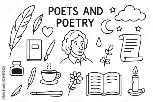 Poetic Doodle Symbols. Poets and poetry. Hand-drawn doodle illustration poets and poetry quill, notebook, heart, moon, cloud, stars, feather, scroll, ink drop,