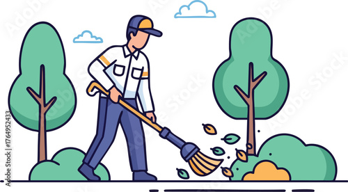 Gardener at work: An illustration capturing the essence of a gardener, meticulously sweeping away fallen leaves, surrounded by thriving trees and bushes, indicative of care and maintenance