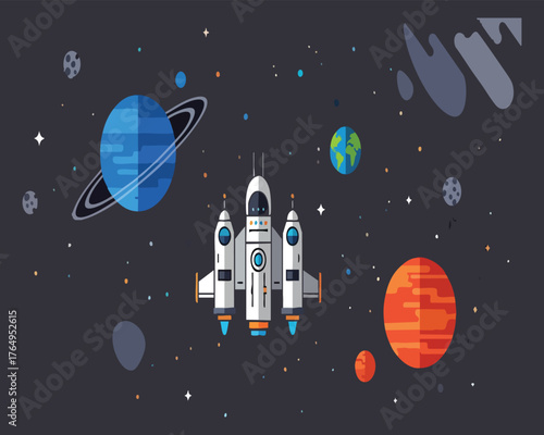 Galactic Voyager: A sleek spacecraft embarks on an interstellar journey, navigating through a cosmos of vibrant planets and twinkling stars, inviting exploration and adventure.