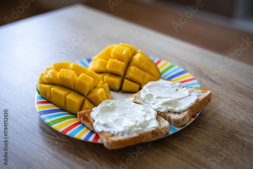 Savor sweet, ripe mango chunks and creamy toast, a vibrant and delicious start to any day, perfect for healthy eating inspiration