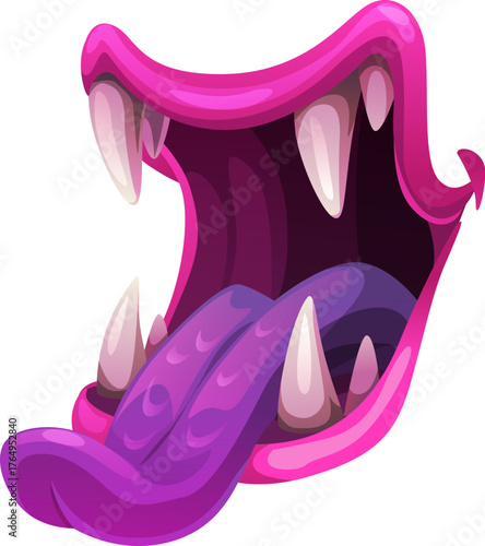 Cartoon Halloween monster mouth with wide pink lips, jaws and dripping saliva from sharp yellow fangs. Monstrous jaws with exaggerated curved fangs and dripping goo. Vector scary grin with tongue