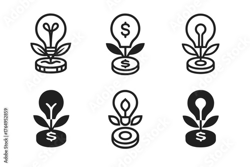 Entrepreneurship Logo Variations. Entrepreneurship. Set Logo of Entrepreneurship: lightbulb sprouting from coin. harmonious logo variations of the same