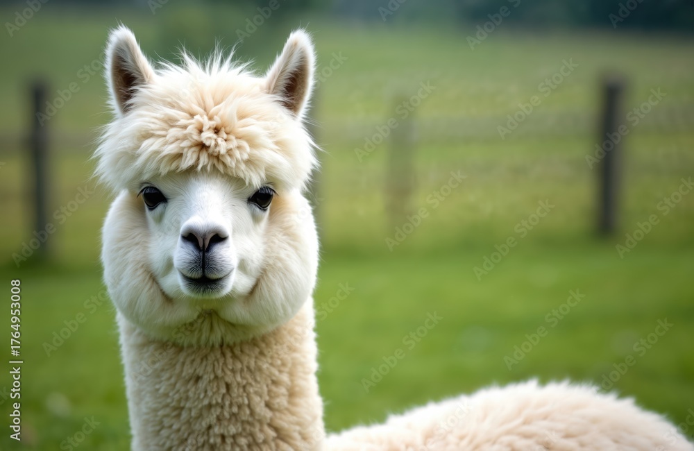 Obraz premium White fluffy alpaca looks at camera in green meadow. This cute farm animal has soft wool covering its head and neck. Its brown eyes are curious and gentle. Calm mammal stands outdoors on sunny day.