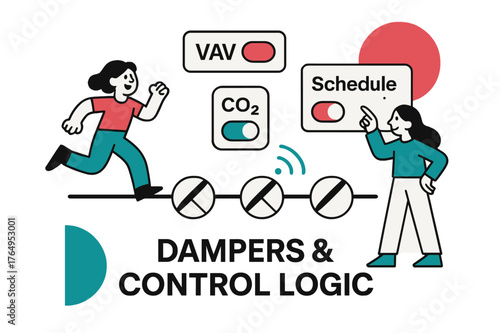 Dynamic Building Controls. Dampers & Control Logic. Blade symbols rotate to half-open as sensor icons ping along the run. Floating UI tabs read ?VAV,? ?CO2,?