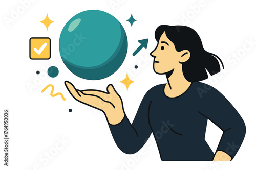 Levitating Sphere Magic. Sphere. Sphere levitating above hand with abstract floating icons, arrows, and sparkles; emphasizes control, focus, and futuristic