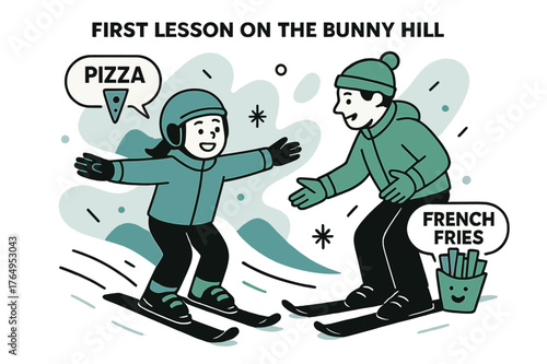 Beginner Ski Lesson. First Lesson on the Bunny Hill. A beginner smiles, arms out, instructor guiding with simple cues. Floating signs read ?Pizza? and ?French