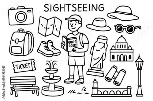 Sightseeing Essentials Doodle. Sightseeing. Hand-drawn doodle illustration Sightseeing camera, map, tourist, guidebook, hat, sunglasses, backpack, walking