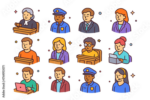 Courtroom Role Icons. Roles in the courtroom. Colorful isometric vector icons set of Roles in the courtroom: judge, bailiff, defense attorney, prosecutor,