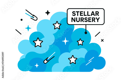 Stellar Nursery Art. Nebula ? Stellar Nursery. Gas clouds billow like cotton candy as tiny star icons ignite; a floating tag reads ?Stellar Nursery.?