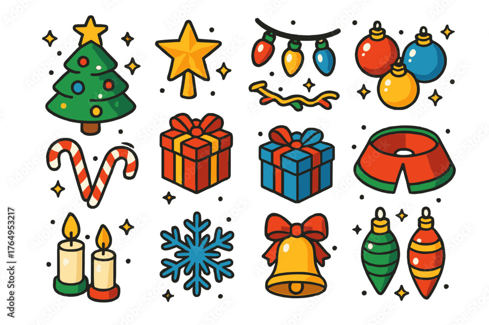 Fototapeta premium Festive Icon Set. Christmas decorations. Colorful isometric vector icons set of Christmas decorations: Christmas tree, star topper, string lights, baubles,