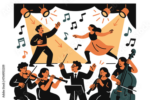 Theatrical Symphony Performance. Theater production. Orchestra performing under stage lights with actors on stage; abstract floating musical notes