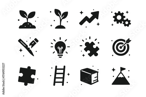 Resilience Icons Set. Resilience. Solid icons set of Resilience: seedling, plant sprout, upward arrow, light bulb, broken pencil, gears, puzzle piece, ladder,