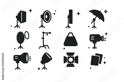 Fashion Lighting Icons. Studio Lighting for Fashion. Solid icons set of Studio Lighting for Fashion: softbox, beauty dish, strip light, umbrella, reflector,